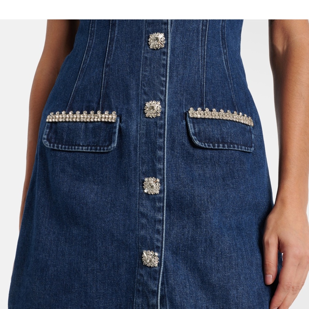 Self-Portrait Dark Blue Denim Mini Dress with Pearl Trim - Picture 3 of 6